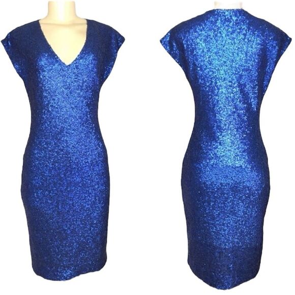 VINTAGE SARA CAMPBELL ROYAL BLUE V-NECK ALLOVER SEQUIN COCKTAIL DRESS XS GLAM - Picture 1 of 8